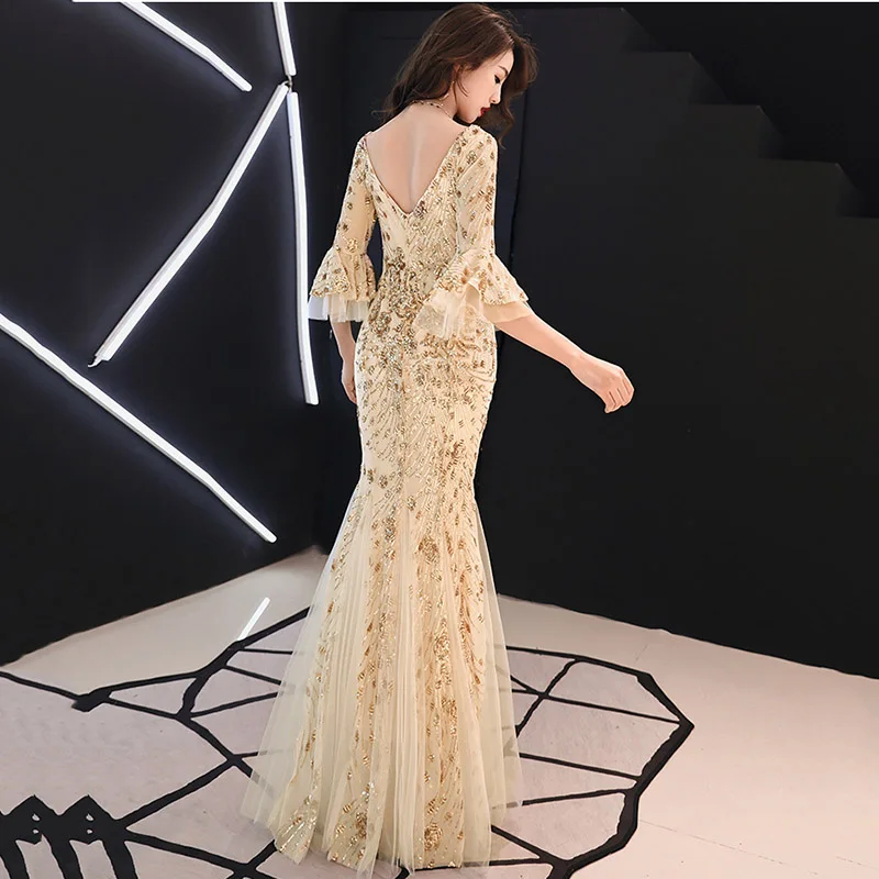 Женское вечернее платье с О образным вырезом и коротким рукавом расшитое