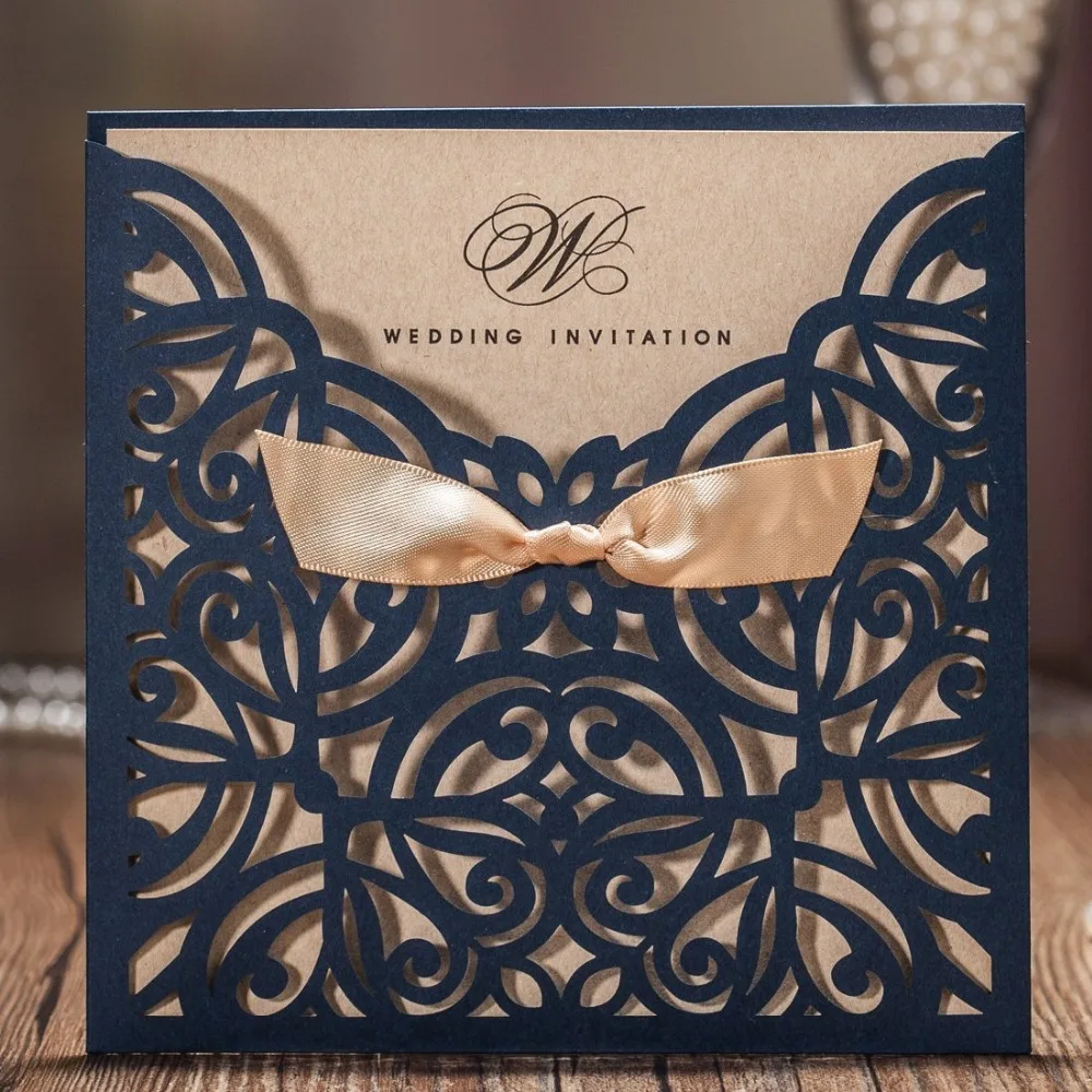 

WISHMADE Wedding Invitations Cards with Navy Blue Laser Cut Lace Sleeve Cardstock for Engagement Bridal Shower Birthday CW6179B