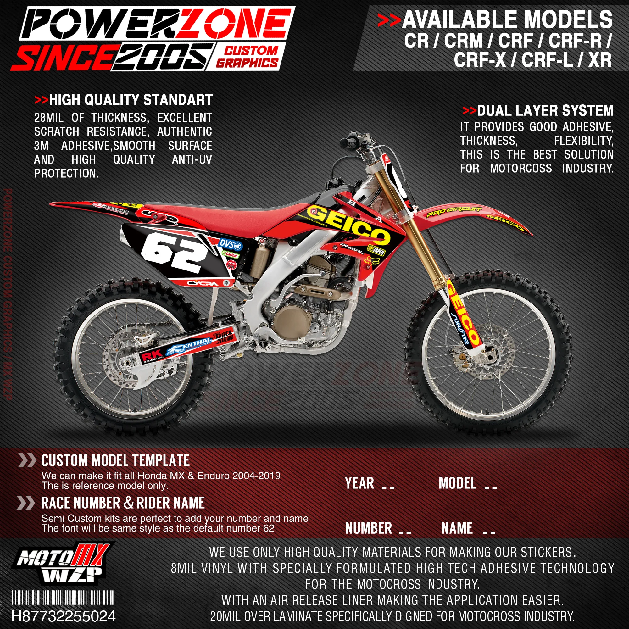 

PowerZone Custom Team Graphics Backgrounds Decals 3M Stickers Kit For HONDA CRF250R 2004-2009 CRF450R 2002-2004 2005-2008 024