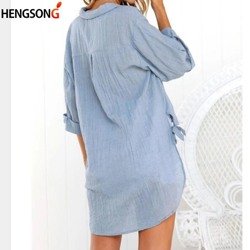 Women's Shirt V-Neck Long Sleeve Irregular Blouses Side Knotted Female blouse Button Tops |