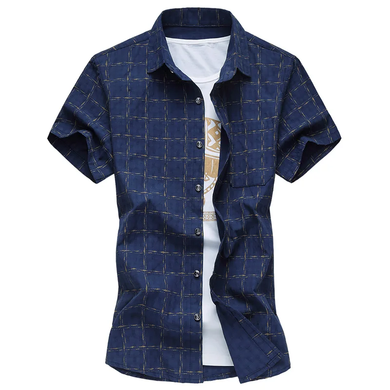 navy blue Новая летняя Стильная мужская короткая рубашка высокого качества модная повседневная приталенная универсальная рубашка в клетку с короткими рукавами большой размер M-6XL - Цвет: navy blue