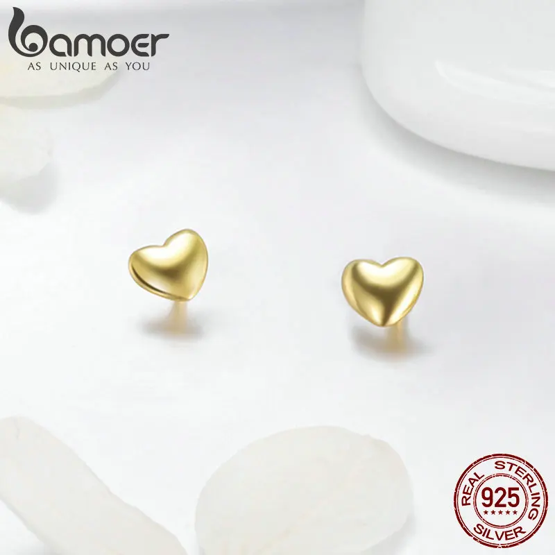 BAMOER, Настоящее серебро 925 пробы, 3 цвета, маленькое сердце, серьги-гвоздики для женщин, Стерлинговое Серебро, ювелирное изделие, подарок PAS440-GD