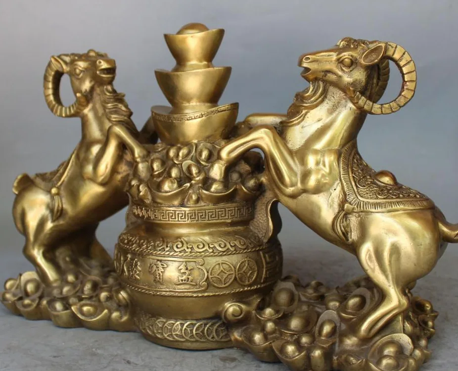 

Chinese Bronze Wealth YuanBao Money Double sheep Goat Treasure Bowl Statue.