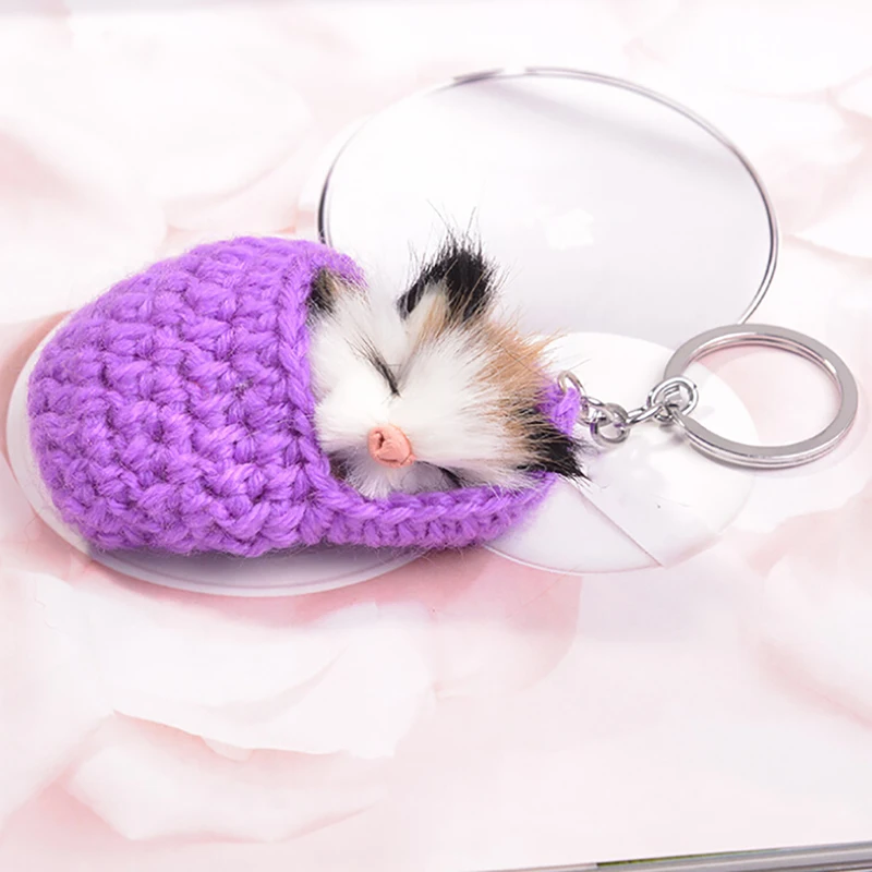 purple Милый спящий Кот помпон брелки для женщин девочек плетеная обувь ручной работы искусственный мех кролика котенок брелки пушистые Ключи Кольца - Цвет: purple