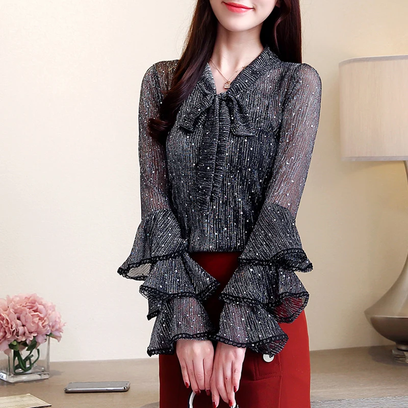 Новинка весны 2019 женская рубашка с длинными рукавами и бантом красивая