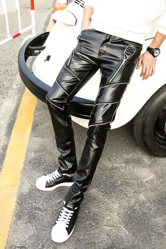 Мужские кожаные брюки на молнии мужские облегающие осень и зиму 2019 | Мужская