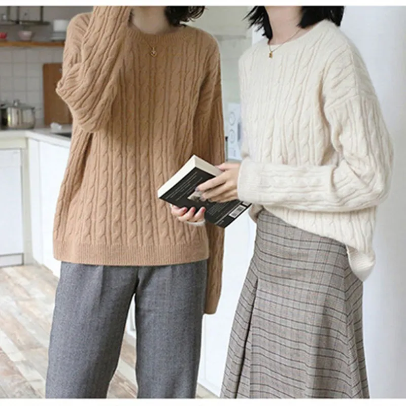 Winter Sweater 2020 Women Round Neck Cashmere Female Thicken New Twist Pattern Bottoming Warm Knit Pullover | Женская одежда