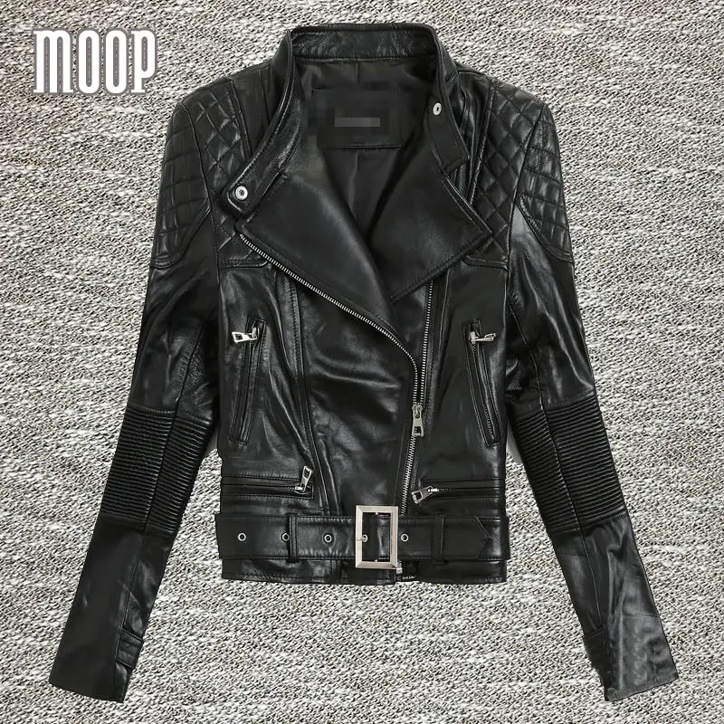 Черный Натуральная кожа Куртки женщин ягненка Moto куртка с поясом jaqueta de couro Chaqueta