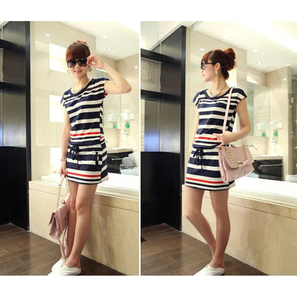 2016 Women Round Neck Navy Strip T-shirt Short Sleeve Skirt Slim Dress | Женская одежда