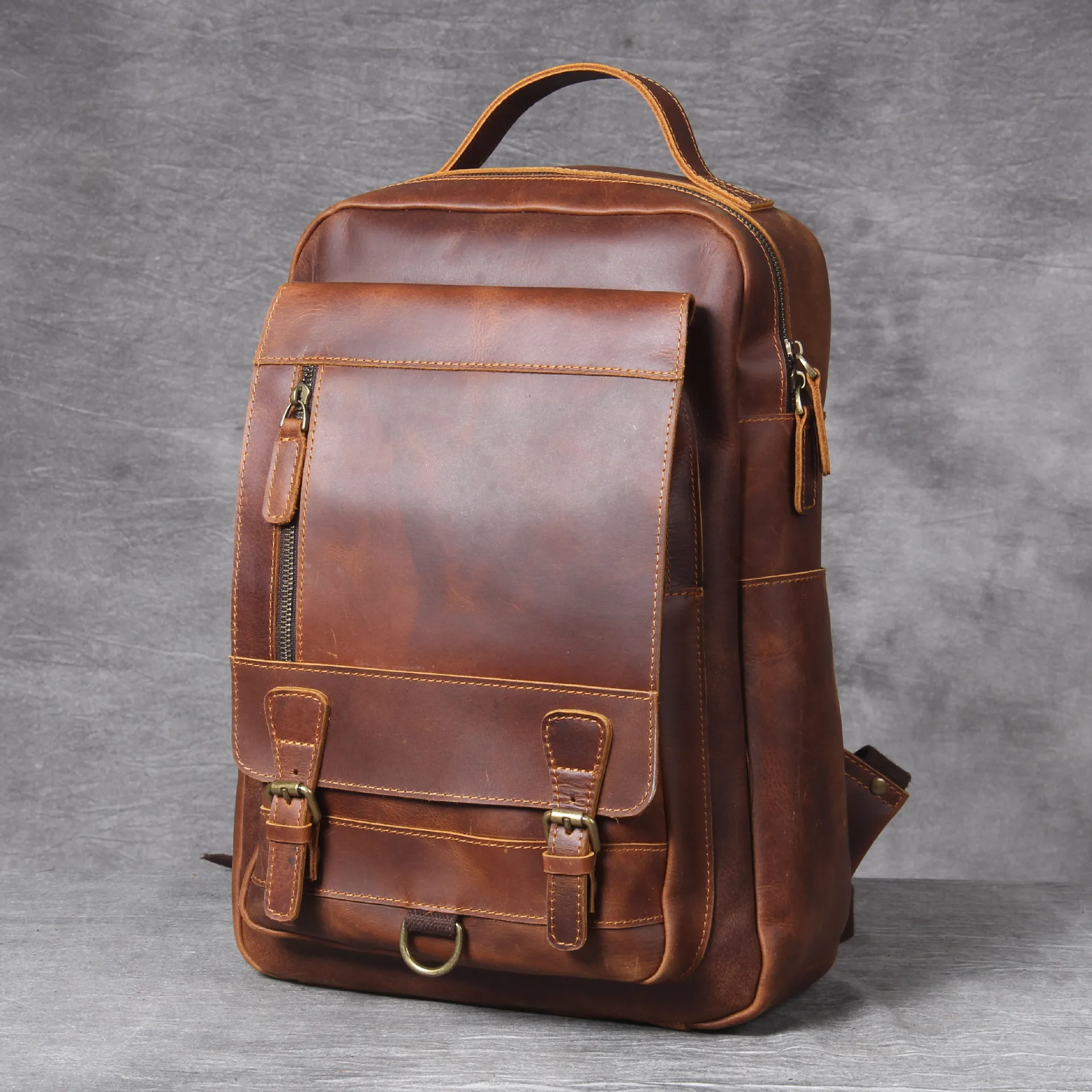 Dark Brown Винтажный рюкзак из воловьей кожи большой емкости мужской фирменный ручной работы из натуральной кожи Компьютер двойная сумка рюкзак - Цвет: Dark Brown