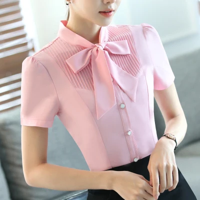 pink Новинка, весенне-Летняя женская блузка с коротким рукавом, повседневные блузки с галстуком-бабочкой и v-образным вырезом, женские блузки для офиса - Цвет: pink
