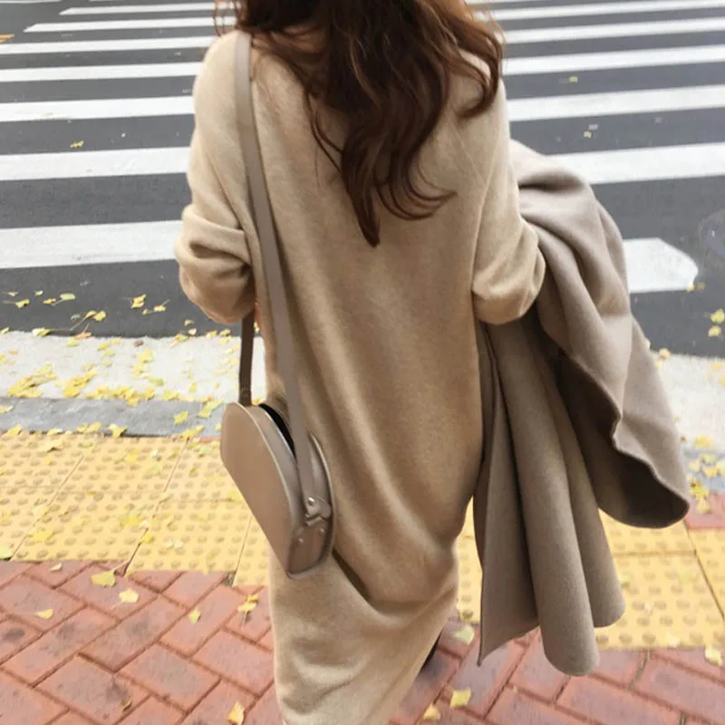 

NORMOV Fashion Women Autumn Winter Long Sleeve Long Sweater Dress Pullover Straight Knitted Solid Slim Korean Loose Dress