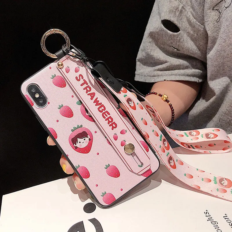 IK02-GW02PinkCaoMeiG SoCouple чехол для телефона для iphone XR X Xs max 11 Pro Max 7 8 6 6s plus фрукты авокадо Мягкий ТПУ шейный ремешок для запястья чехол - Цвет: IK02-GW02PinkCaoMeiG
