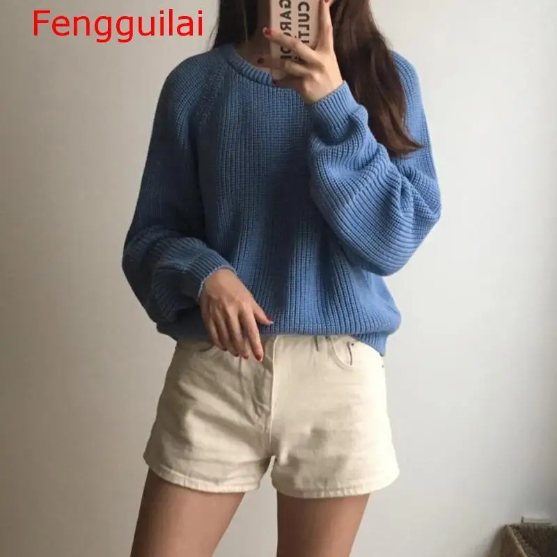 Женский трикотажный свитер Fengguilai Однотонный с длинным рукавом и круглым вырезом