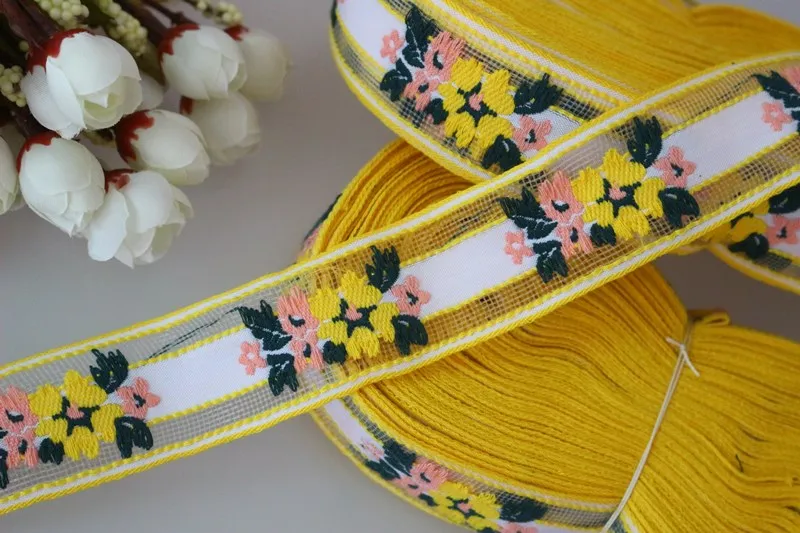 

High quality 5yards/lots cotton Woven Jacquard Ribbon 3.3cm yellow with white flowers pattern LS-4349