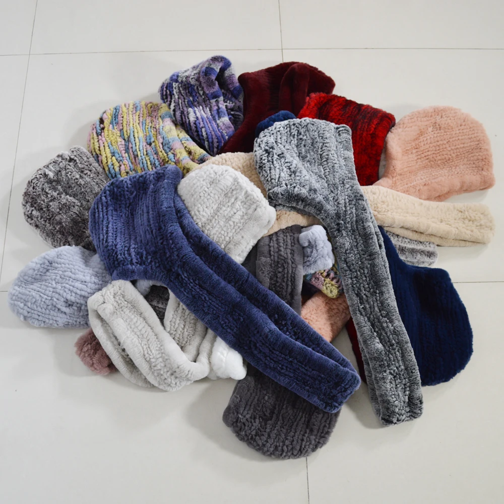 Женская зимняя вязаная шапка-шарф из натурального меха кролика Рекс брендовая