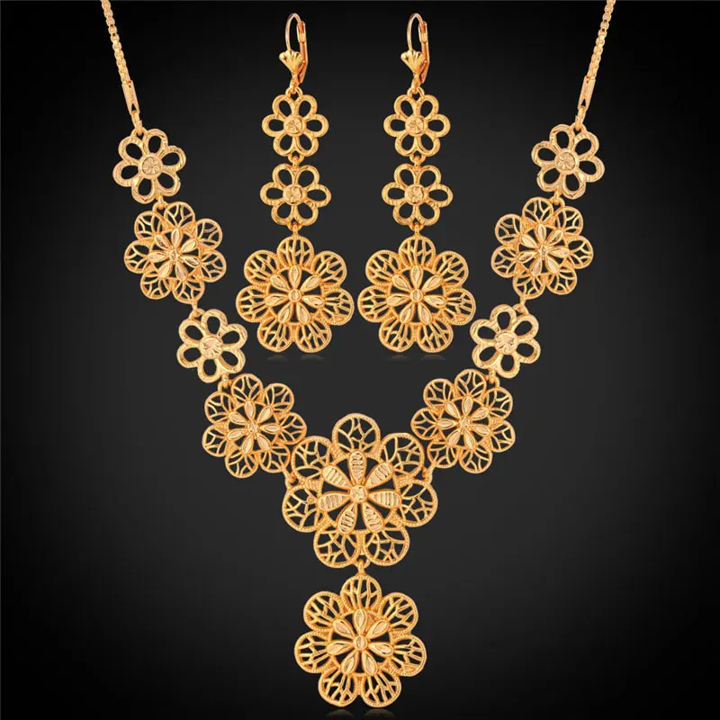 Золотой цвет Ожерелье, серьги для женщин, золотой цвет, цветы, Богемия, милая Мода, MGC, винтажный ювелирный набор NE470 - Окраска металла: Золотой цвет