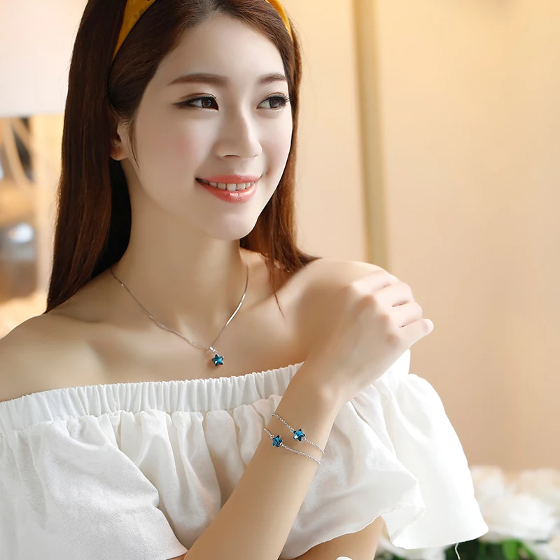 

15+4cm lady Oriharcon jewelry imported Austria stars blue crystal 925 Sterling silver bracelet female fashion starfish Bracelets