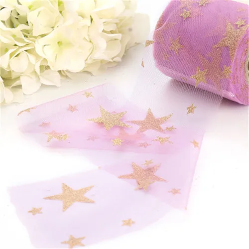 purple golden 8 см* 25 ярдов Звезды Лента с блестками Тюль ролл суши DIY Baby Shower День рождения декоративная лента упаковки подарков на свадьбу, надпись «Bride Tribe» декор - Цвет: purple golden