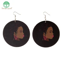 e203 fast ship black girl round wood earrings large for party