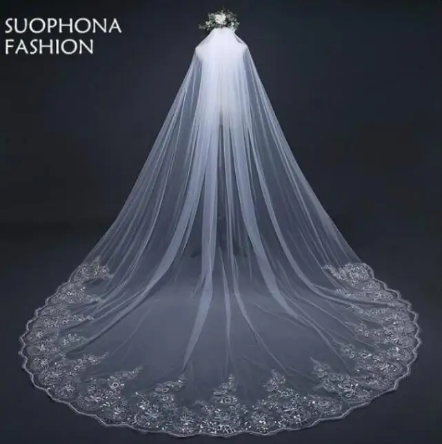 3 метра Белый цвет слоновой кости Соборные Свадебные вуали длинная кайма из