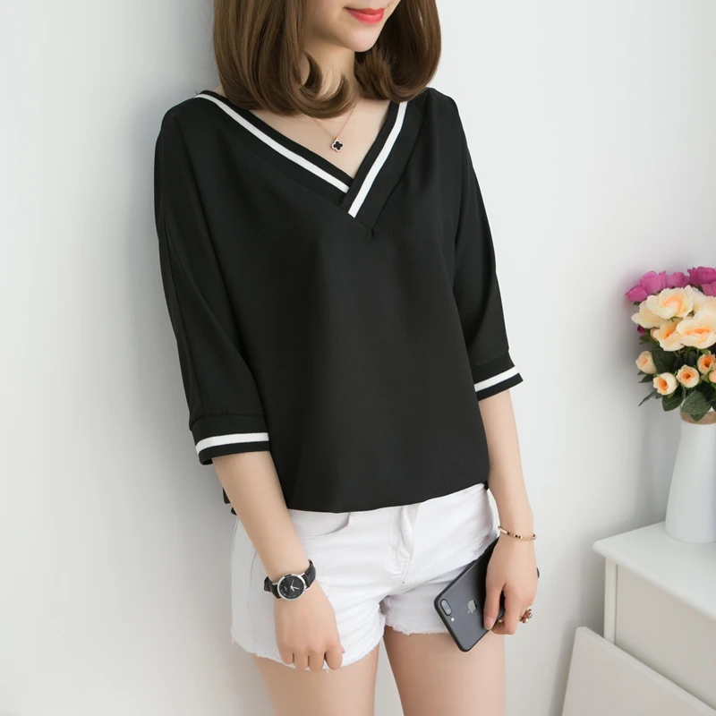 Летняя новая футболка с короткими рукавами и v образным вырезом Женская