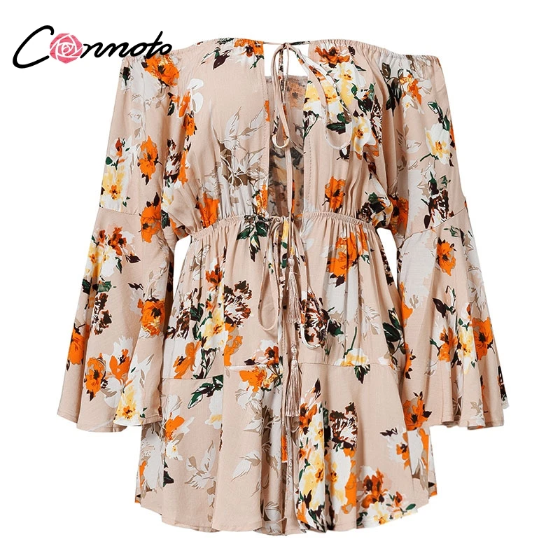 Beige Conmoto Сексуальные короткие комбинезоны с открытыми плечами, красный пляжный ромпер со шнуровкой, жёлтый ромпер с широкими расклешёнными рукавами - Цвет: Beige