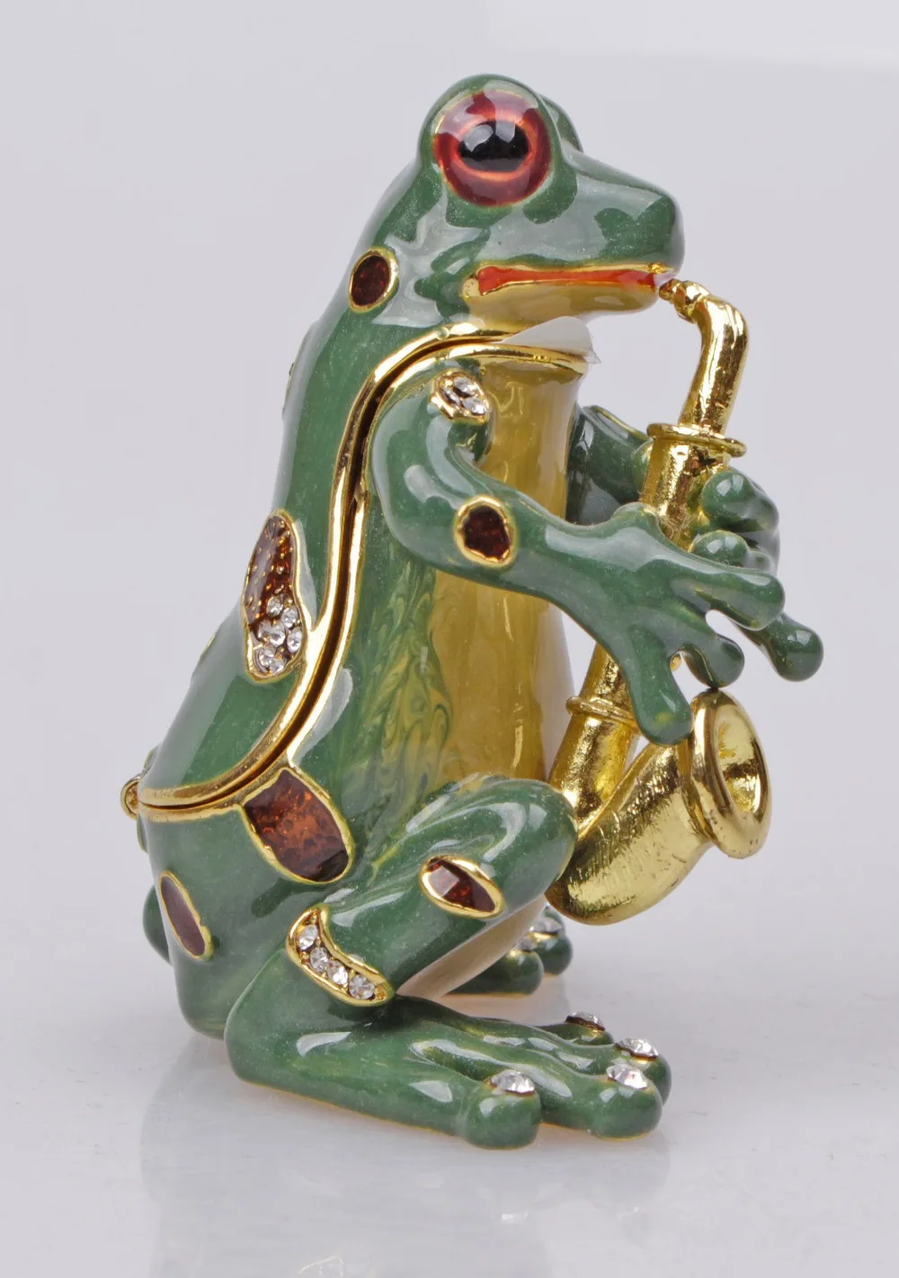 Gorgeous Frog Playing Saxophone Jewelled Trinket Box Jewelry Box with Inlaid Crystal, Pill Box Figurine