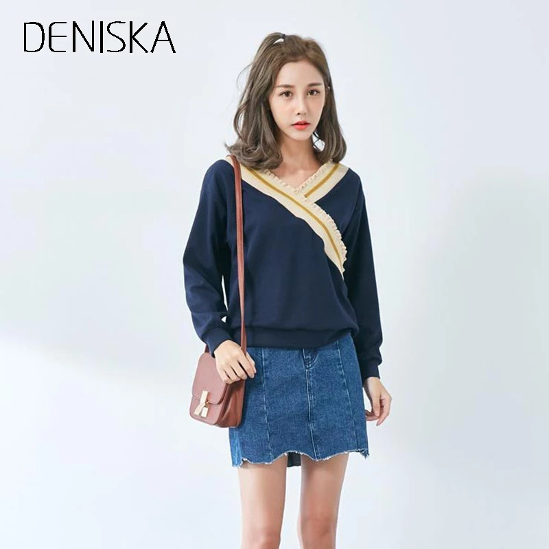 Дениска Striped Varsity Обрезки кабеля вязаный джемпер с v-образным вырезом Свободные