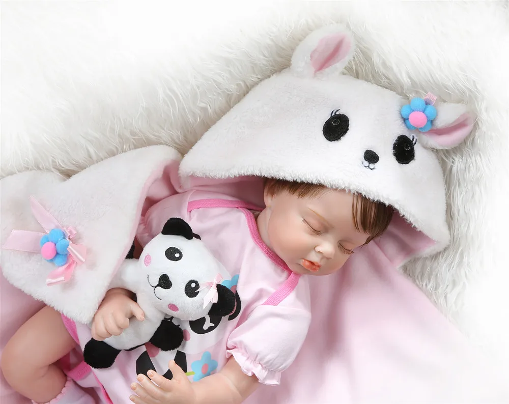 NPK 55 см новорожденная кукла bebe realitic reborn Спящая кукла для маленькой девочки мягкое утяжеленное тело волосы в платье с пандами