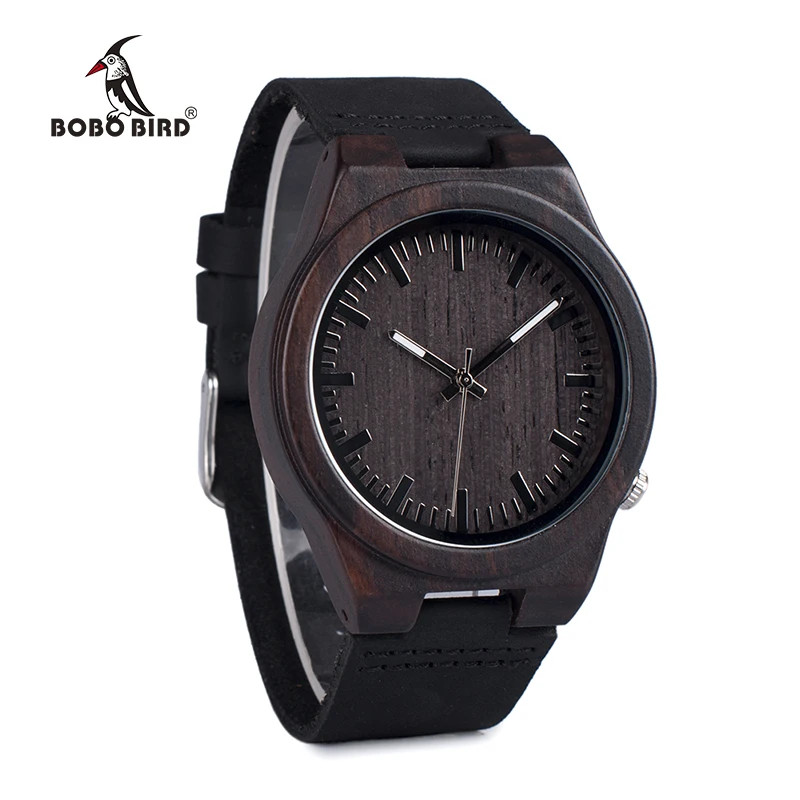 Мужские ассиметричные часы BOBO BIRD WB12 из черного дерева с мягким кожаным ремешком и