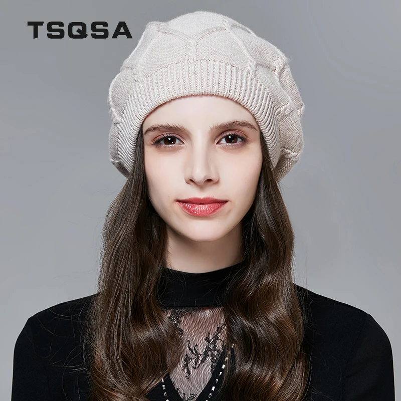 TSQSA Зимняя Теплая Шапка Для Женщин Шерстяная Вязаная Мода Твердые Шапочки