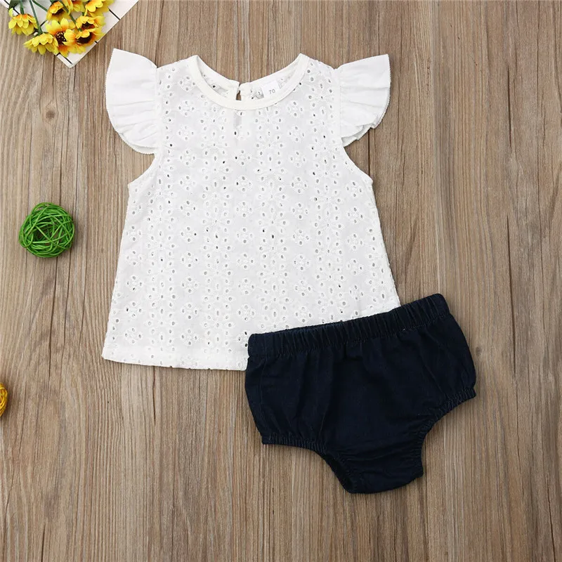 Одежда для маленьких девочек льняная футболка + штаны джинсовый наряд ажурные