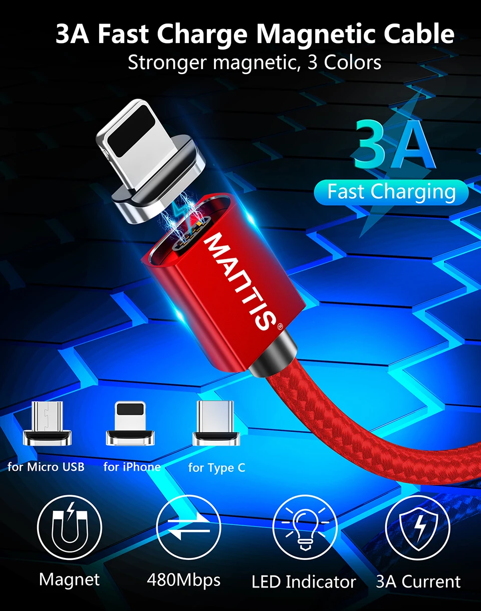 Магнитный кабель MANTIS 3A для Iphone Xs Max Xr X 8 7 6 6s 5 5S Se Ipad Mini Quick Charge 3,0 светодиодный Usb кабель провод для быстрой зарядки