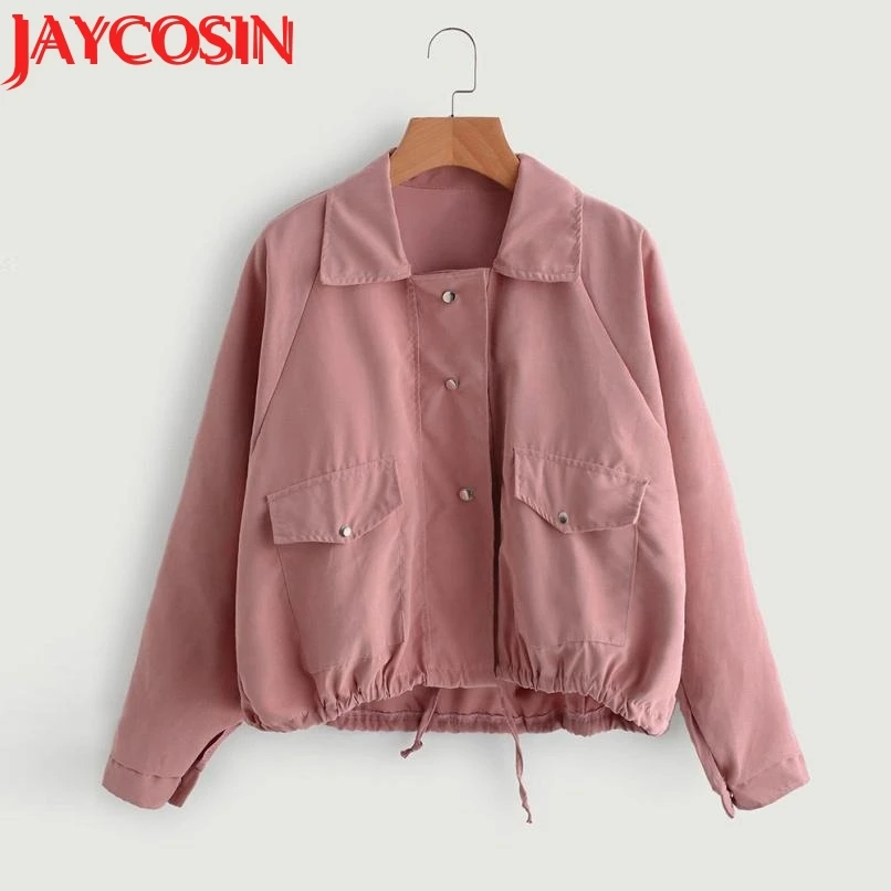 Для женщин осенняя модная футболка с короткими розовыми пуговицами пальто