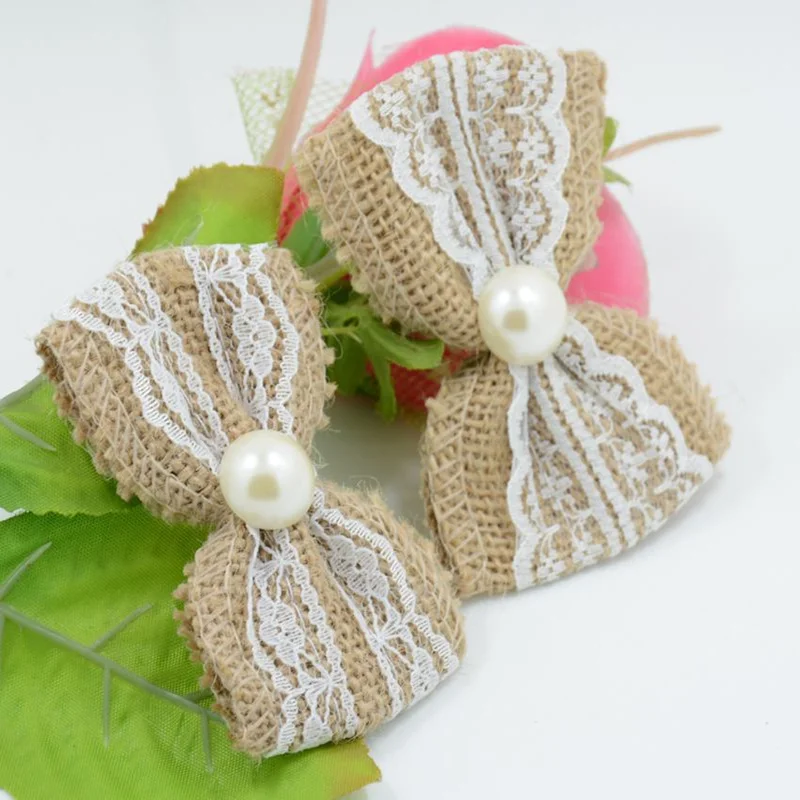 Свадебное украшение в деревенском стиле джутовые белые кружевные банты лента из