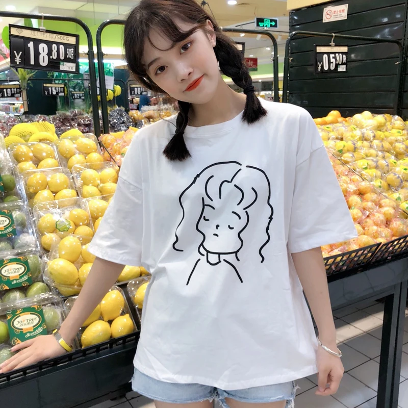 Летние женские свободные футболки с мультяшным принтом для девушек корейские