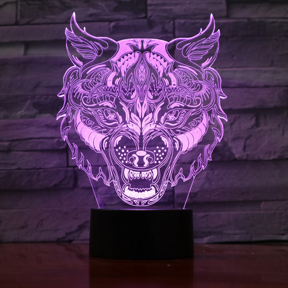 Креативный 3D светодиодный ночник фигурка головы волка 7 цветов настольная лампа