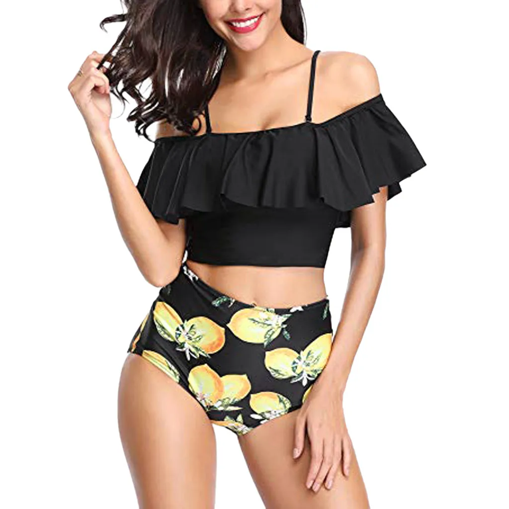 Women's Two Pieces Bathing Suits With High Waisted Bottom Pure White Ruffled Top Bikini Padded Bra Swimsuit Leaf Print Beachwear |