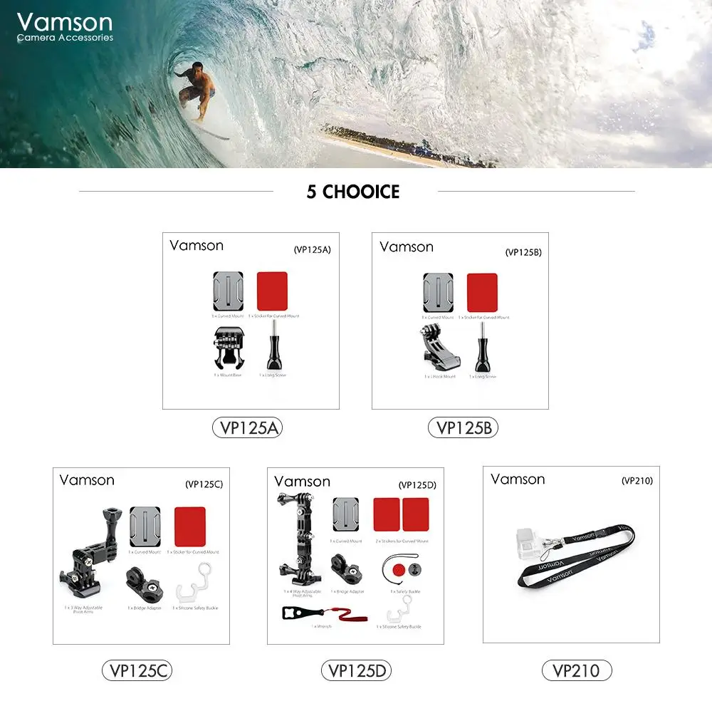 Vamson шлем аксессуары для Gopro Hero 6 5 4 комплект изогнутый для шлема клей боковое Крепление Адаптер для Xiaomi YI для SJCAM VP125B
