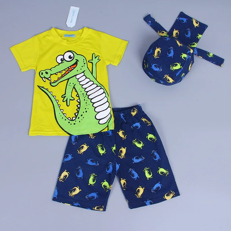 Children clothes 2020 New summer beach style cartoon casual Kids sport suit 3 Pieces hat T shirt pants baby boys clothing set |