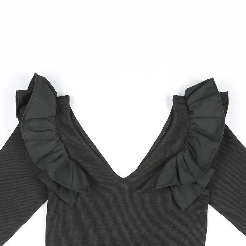 Мода 2018 боди Для женщин комбинезон костюм однотонные черные осень-зима с длинным