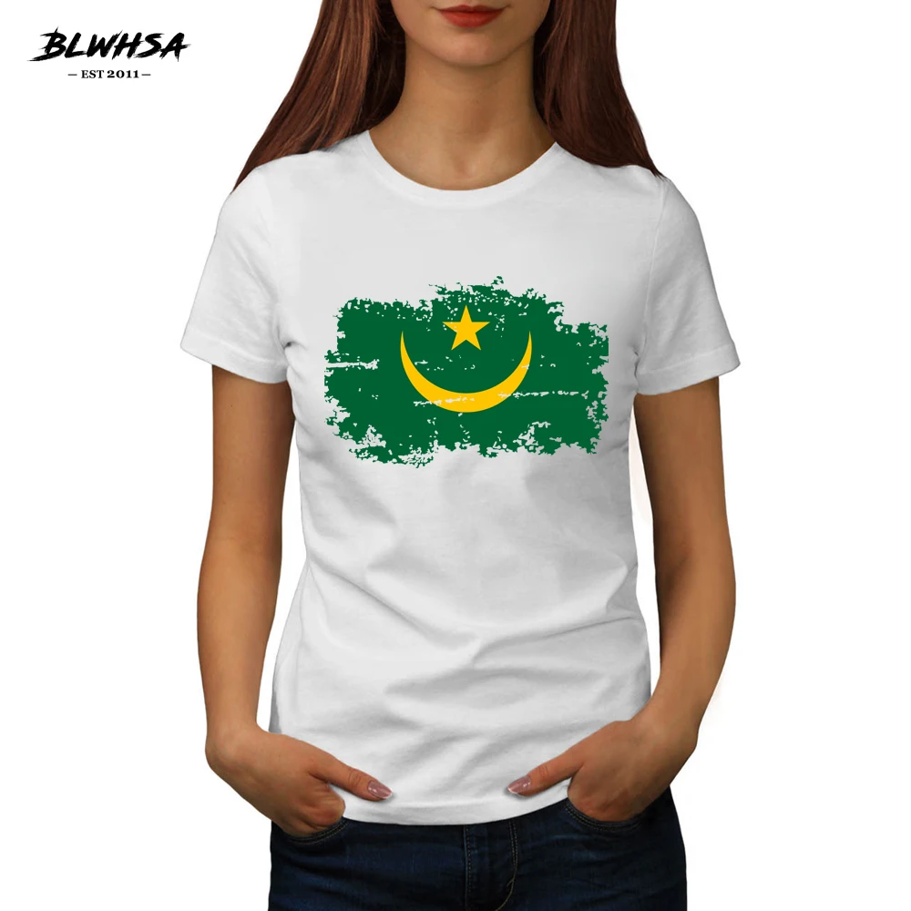 

BLWHSA New Mauritania Flag Printing T shirt Women Fashion Short sleeve Cotton Summer T-shirts Mauritania National Flag Girls Tee