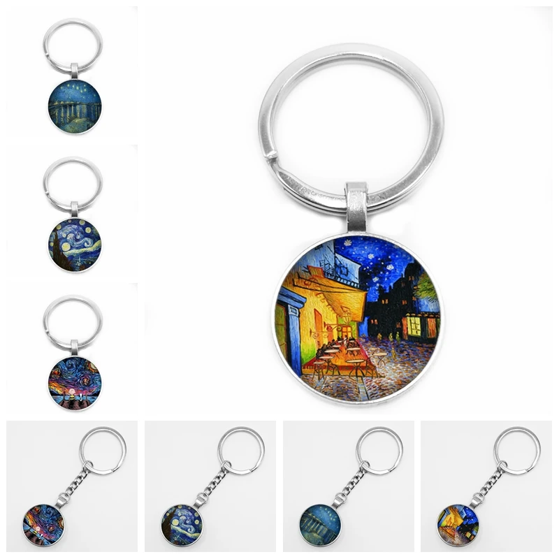 

Hot!New Hot Star Night Van Gogh Sunflower Oil Painting Bag Key Ring Round Glass Convex Round DIY Glass Dome Car Keychain Pendant
