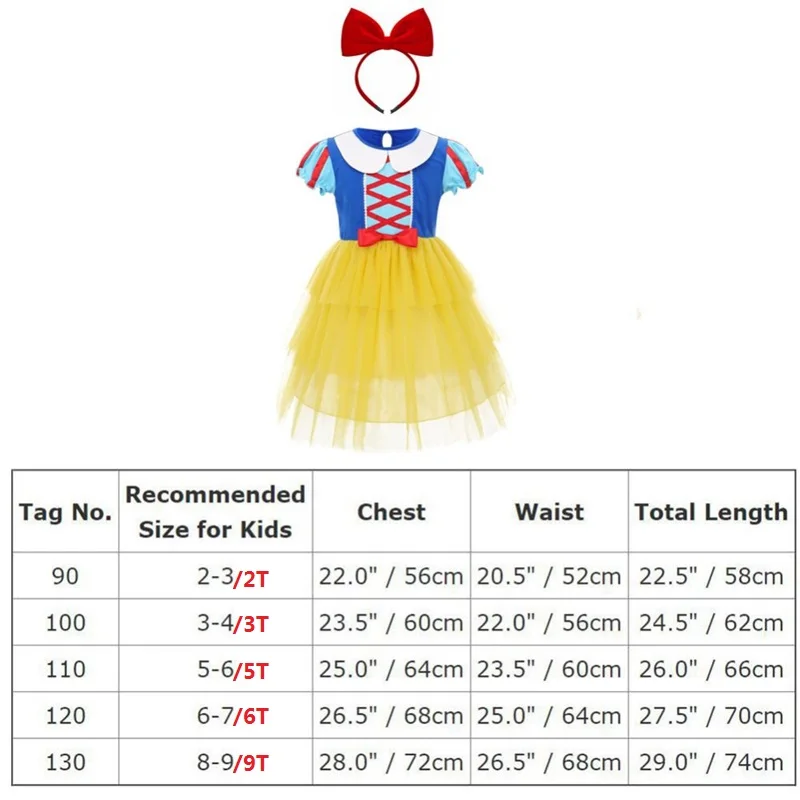 

Kids Girls Snow White Princess Fancy Dress Up Cosplay Party Photo Shoot Costume Girls Tulle Dress + Headband Girls Clothes 2-9Y
