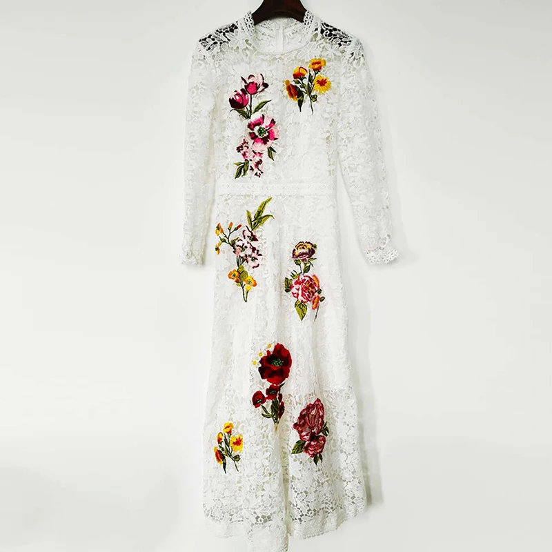 

High Quality 2019 Spring Newest Arrival Vintage O-Neck Full Sleeve Lace And Embroidry Print Mid-Calf Elegant Vintage Dress Women