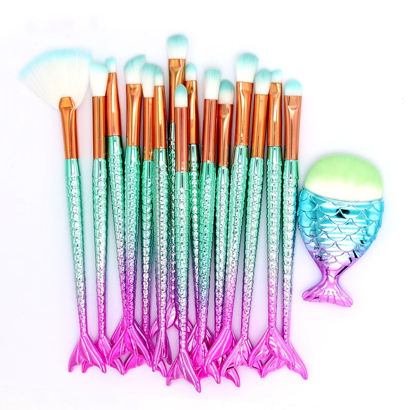 16pcs blue pink SinSo 1-16 шт. Русалочка кисти для макияжа инструменты пудра основа кисти для макияжа Румяна Тени для век Кисть для макияжа губ набор - Handle Color: 16pcs blue pink
