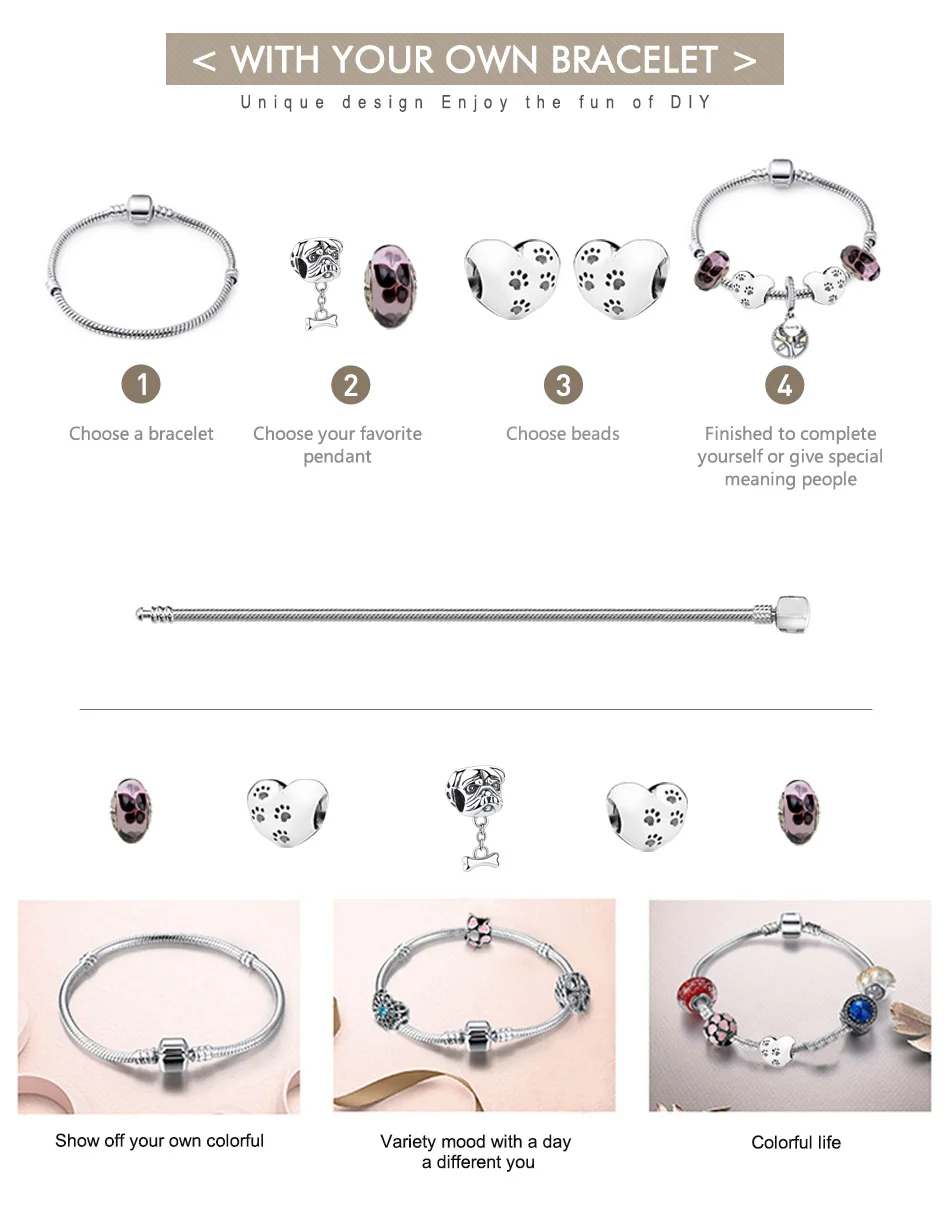 FOREWE Мода Настоящее серебро 925 проба прекрасный бульдог кости кулон Шарм fit Pandora браслет оригинальные женские DIY Шарм ювелирные изделия