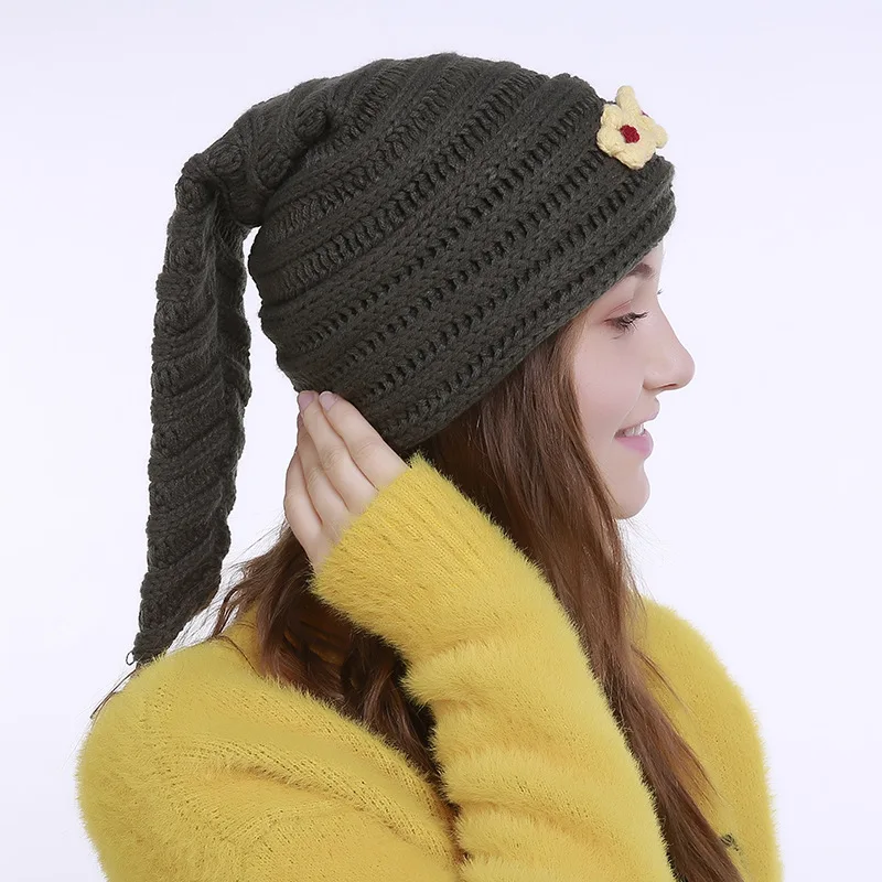 Женские шапочки Skullies, зимние шапки, теплые милые шапочки с цветком и длинным хвостом, модные женские шапки, кашемировая вязаная шапка