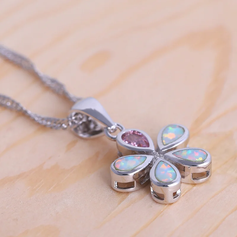 ROLILASON цветочный дизайн Белый огненный опал розовый циркон серебряный цвет кулон